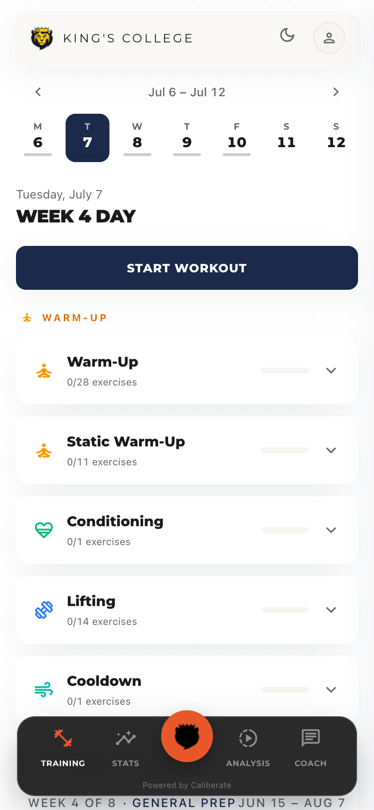 The athlete app under a school's own branding: today's workout with warm-up, conditioning, lifting, and cooldown sections and a Start Workout button.