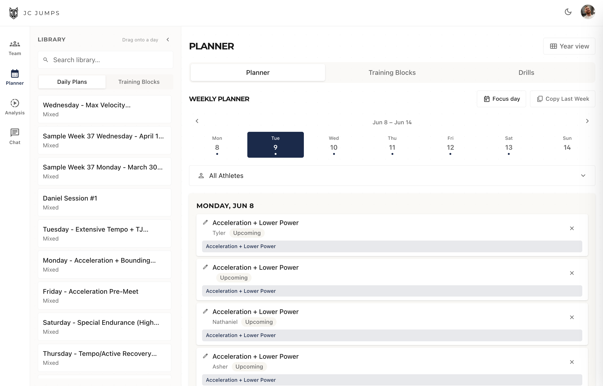 The weekly planner: templates dragged onto each day of the week, assigned to event groups.